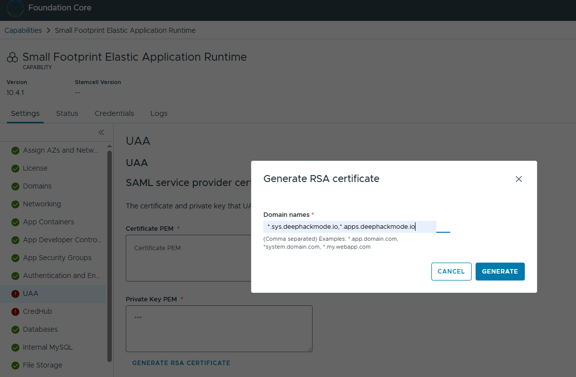 >Generated the RSA cert and key for the UAA SAML service provider