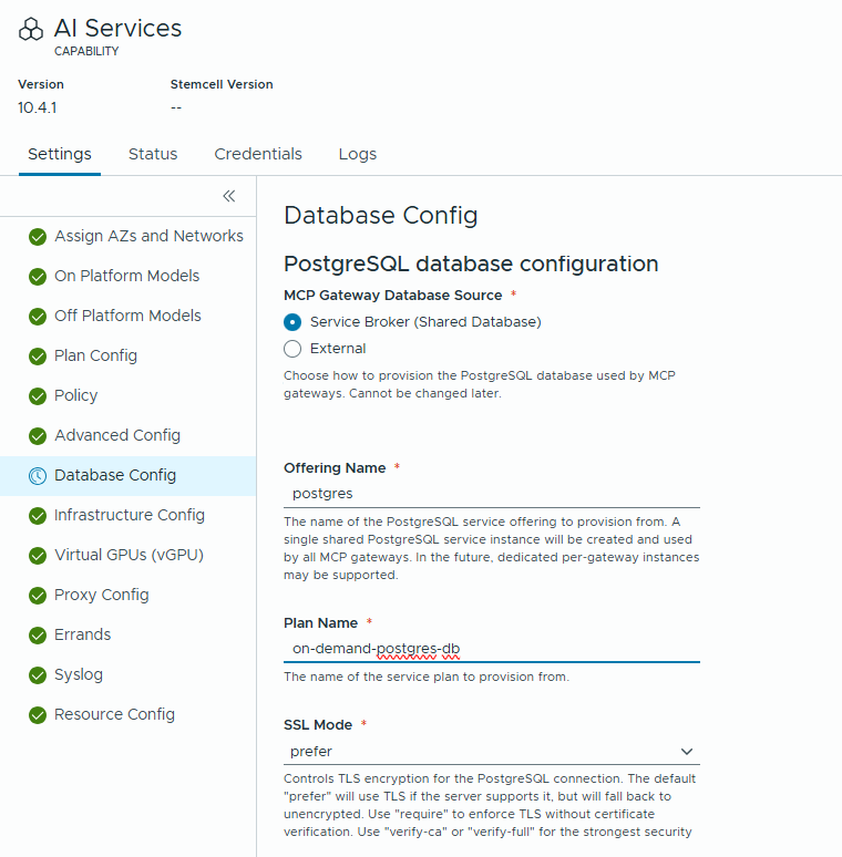 MCP Gateway Database settings