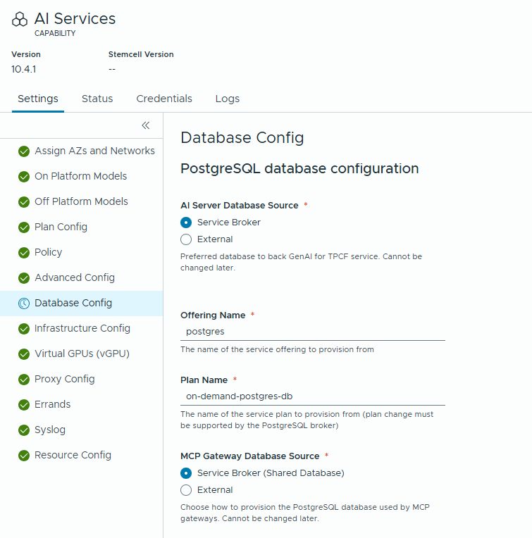 AI Server Database settings